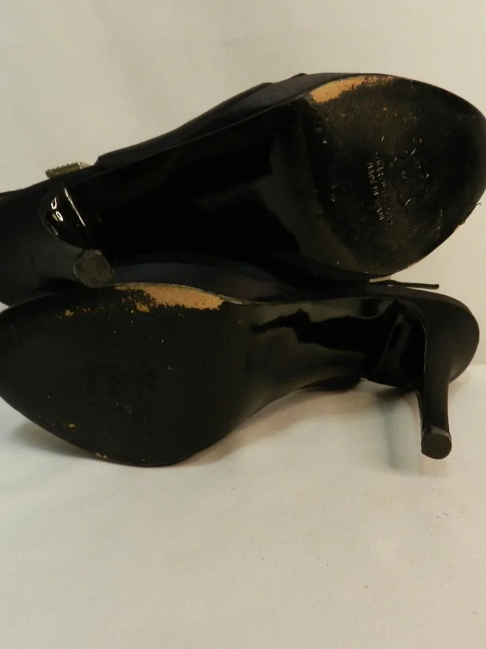 Stuart Weitzman Satin Leather Crystal Buckle black slingback peep toe heels 9.5
